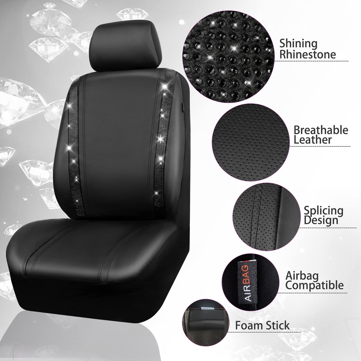 Leather Bling Diamond Car Seat Covers Full Set T8016