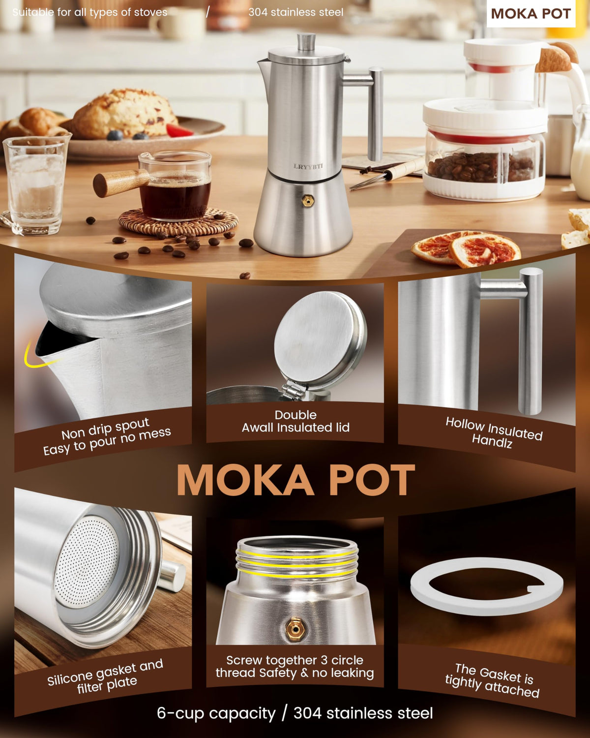 6 Cup Stainless Steel Stovetop Moka Pot L832