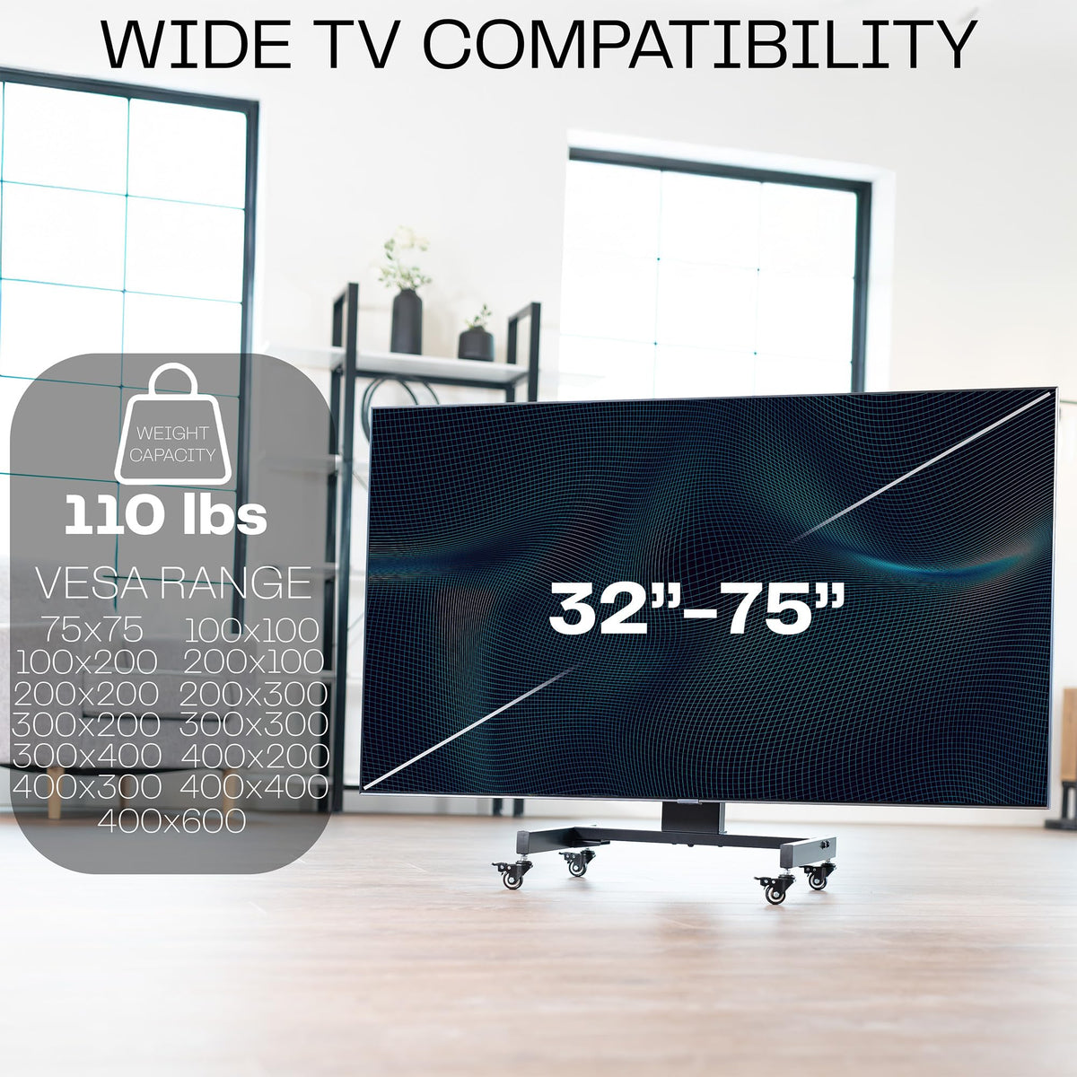 Low Height TV Cart for 32 to 75 inch Screens, Black C1280