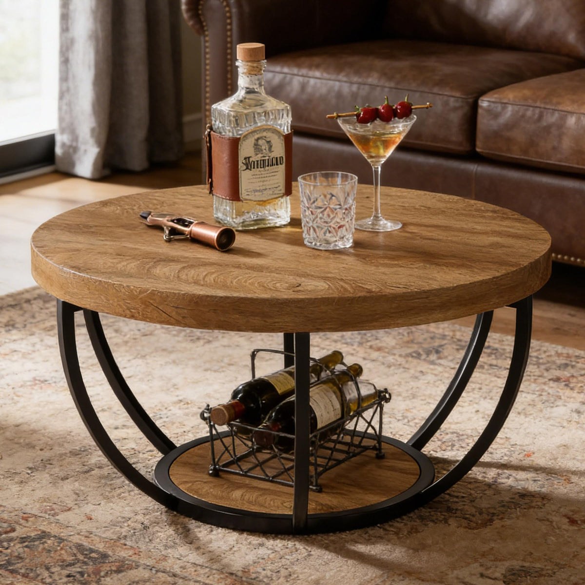 Round 2-Tier Wood Coffee Table with Storage D69878