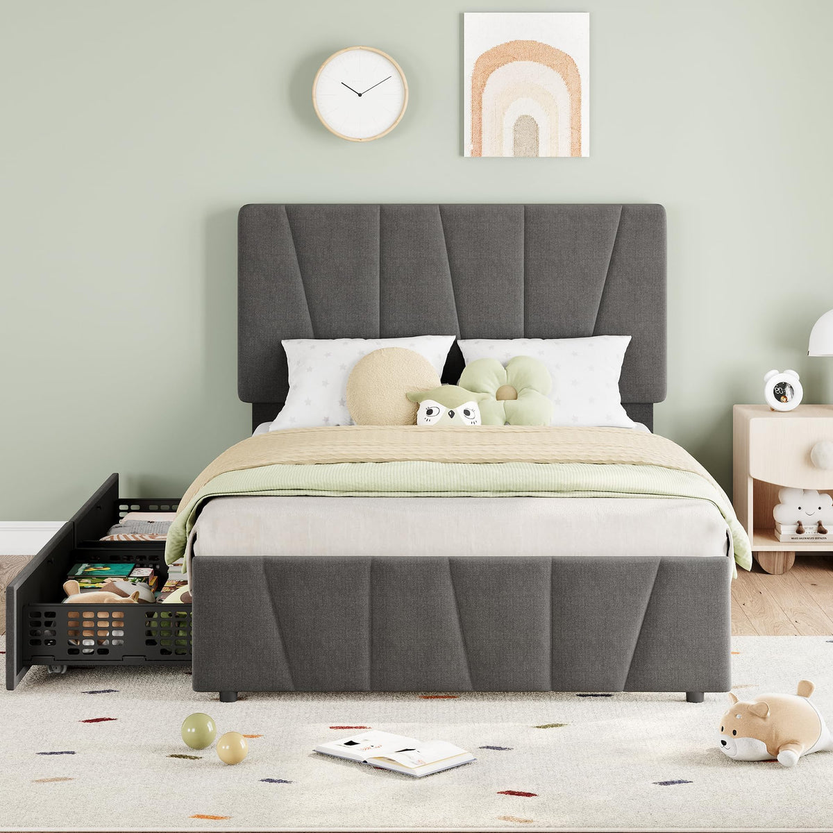 Twin Size Upholstered Bed Frame with 2 Storage Drawers A733490