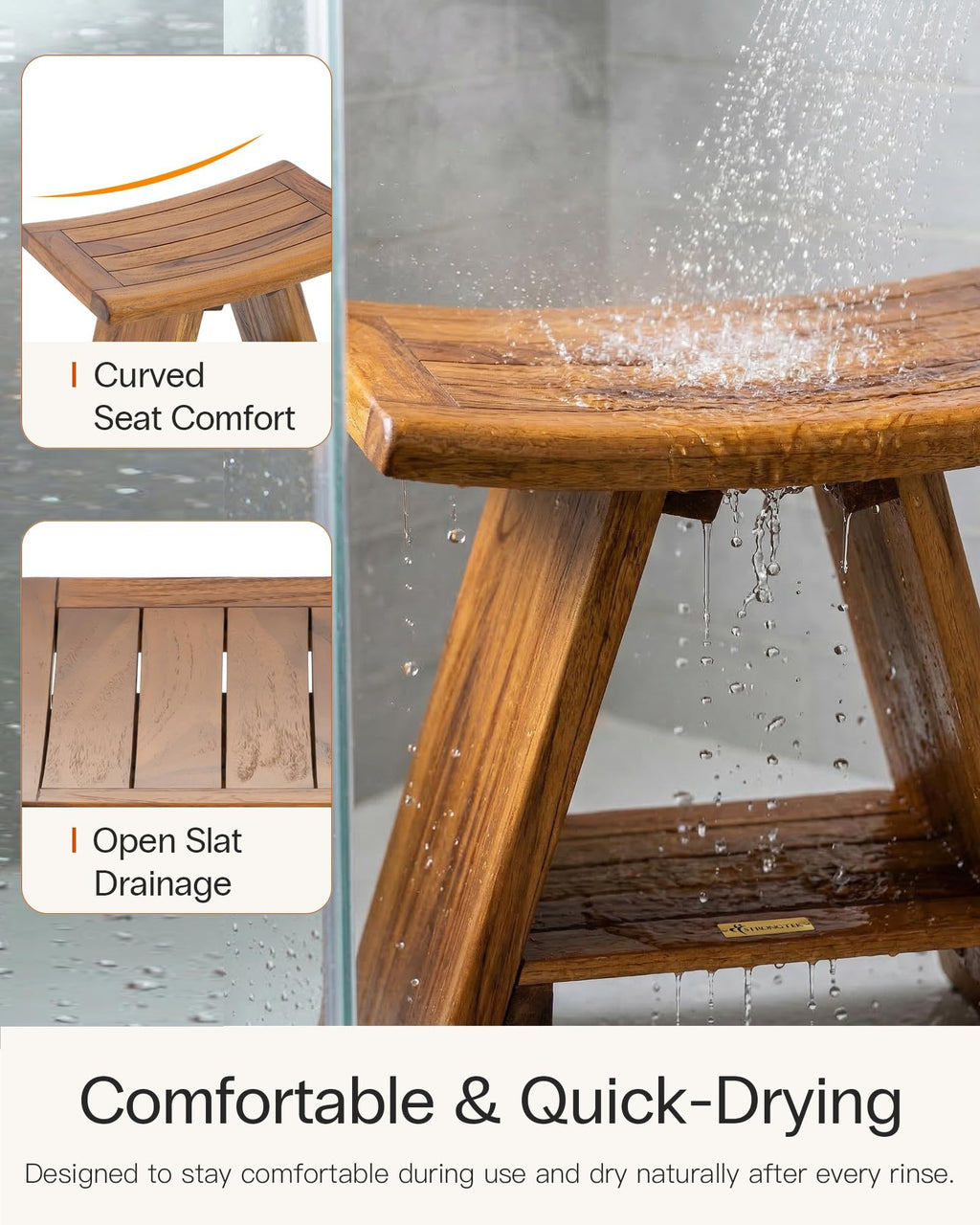 Teak Shower Stool with Shelf, 18 in, 400 lb Capacity N1852