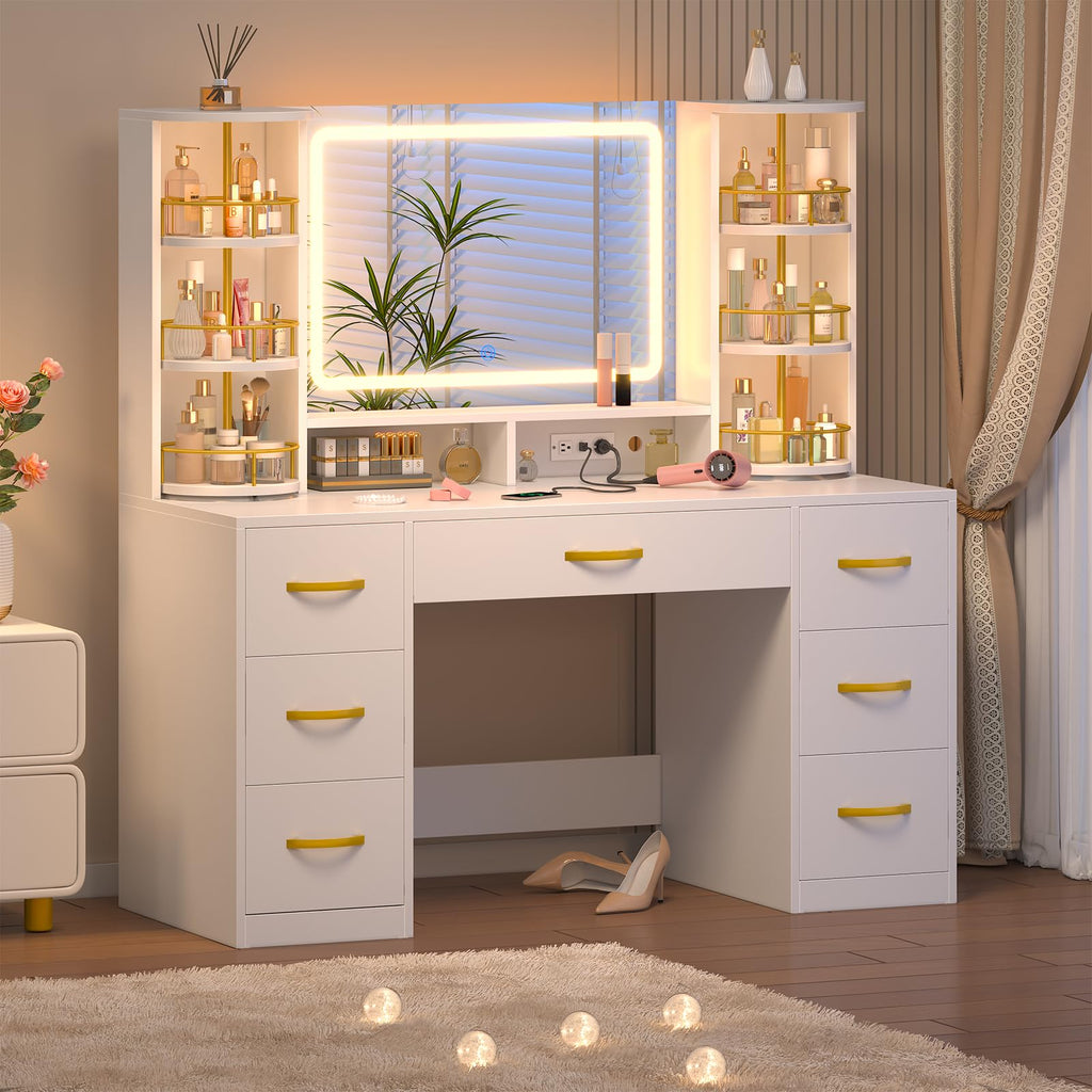 Vanity Desk with Mirror and Lights, 7 Drawers T848075