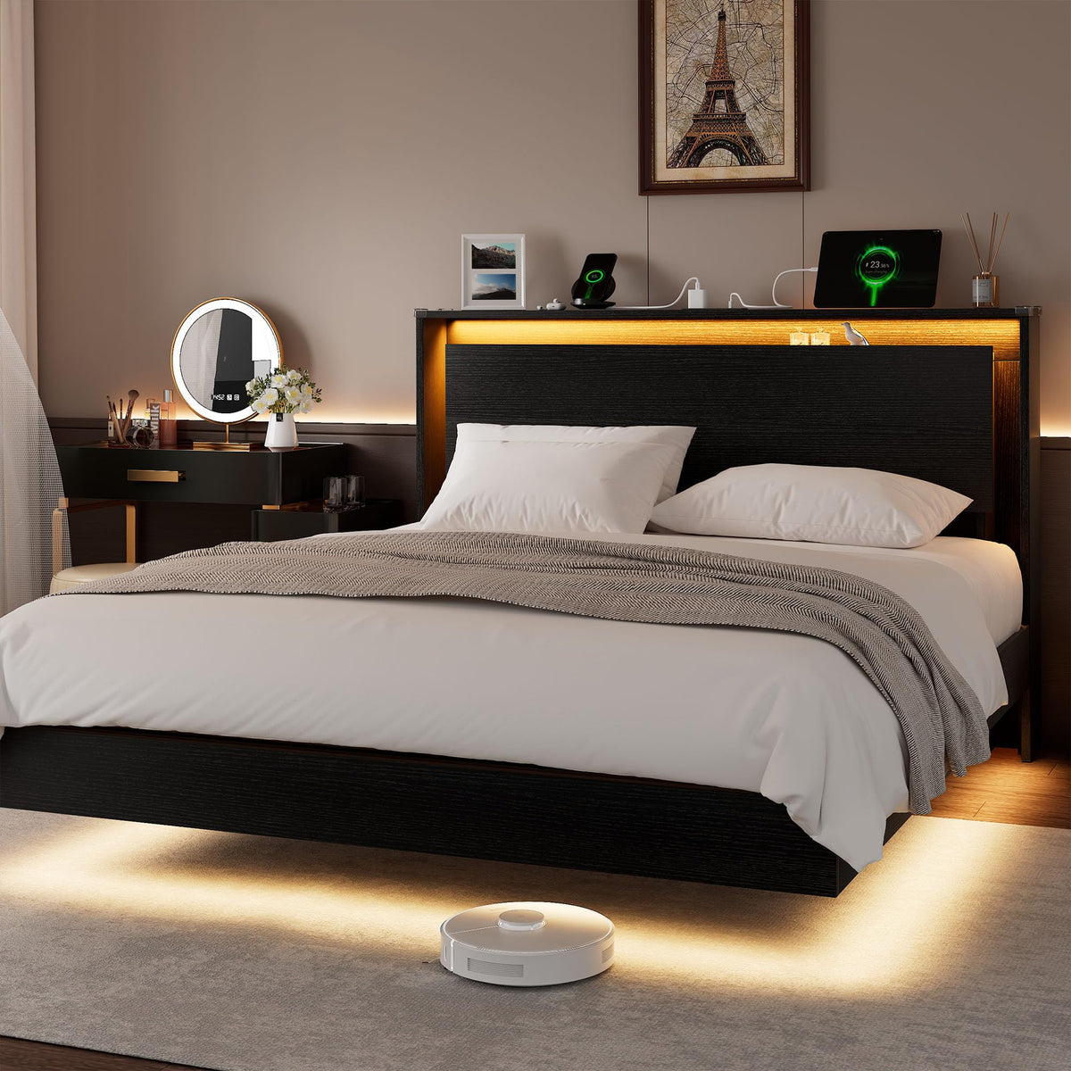 Full Size Wood Bed Frame with Storage Headboard and LED Lights T37472