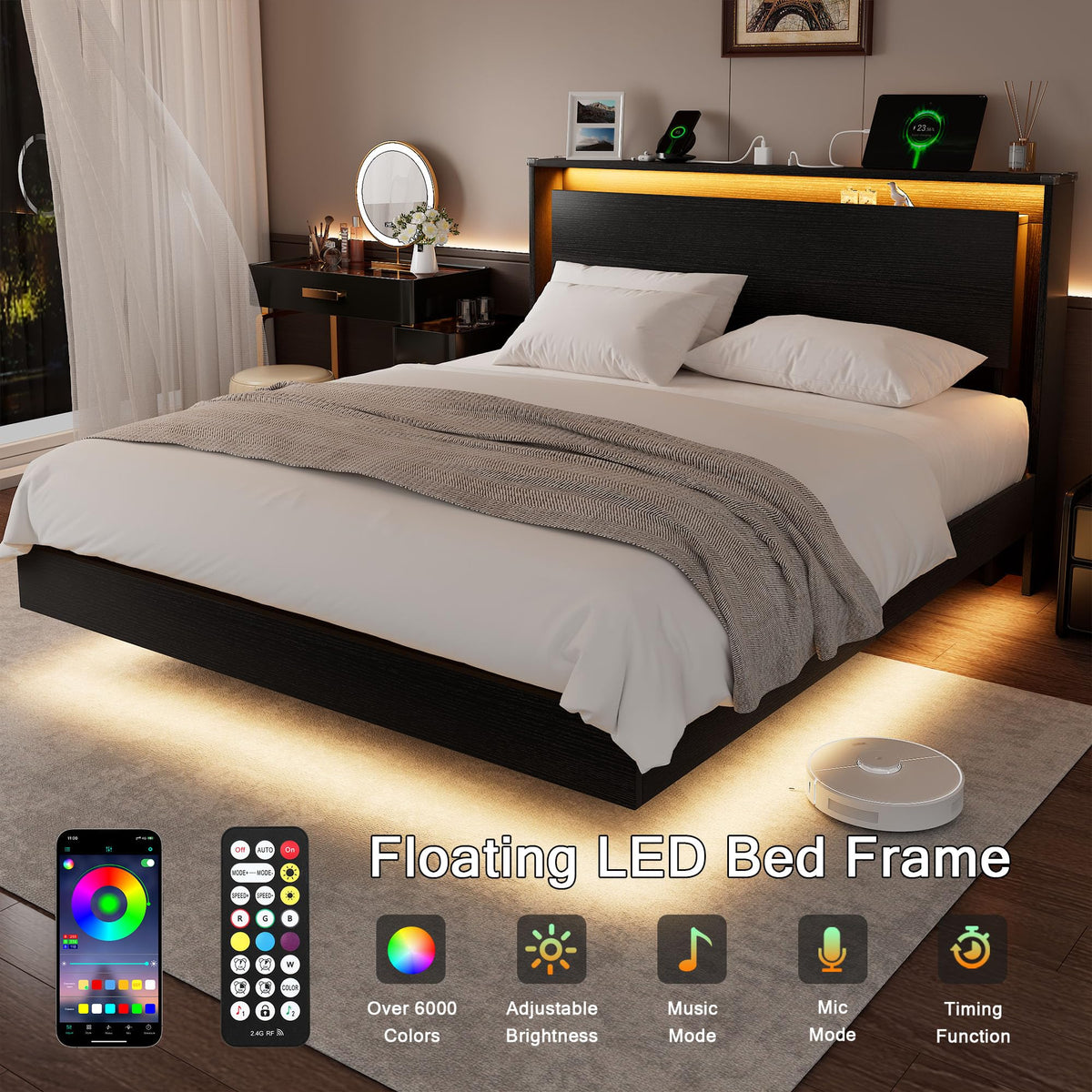Full Size Wood Bed Frame with Storage Headboard and LED Lights T37472