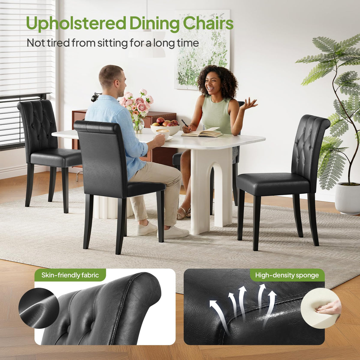 Upholstered Dining Chairs Set of 4 Tufted Wood Legs Jet Black M277688