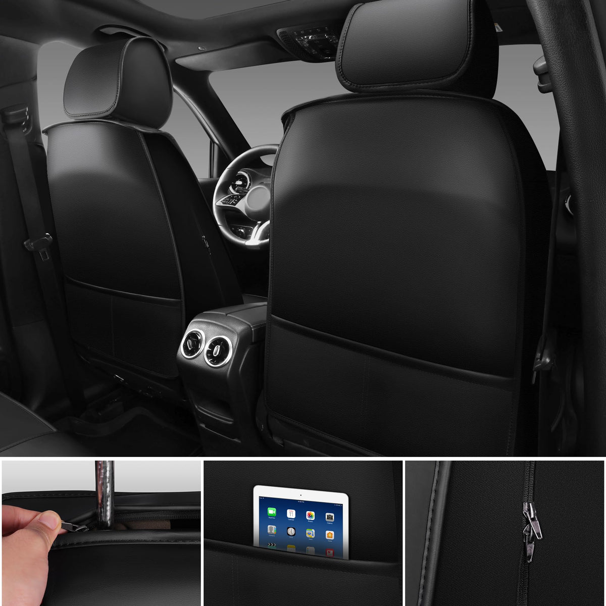 Nappa Leather Car Seat Covers Full Set, Waterproof Anti-Slip, Black C847069