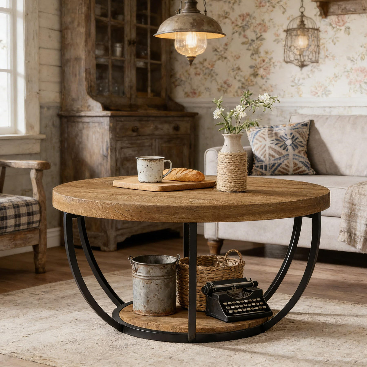 Round 2-Tier Wood Coffee Table with Storage D69878