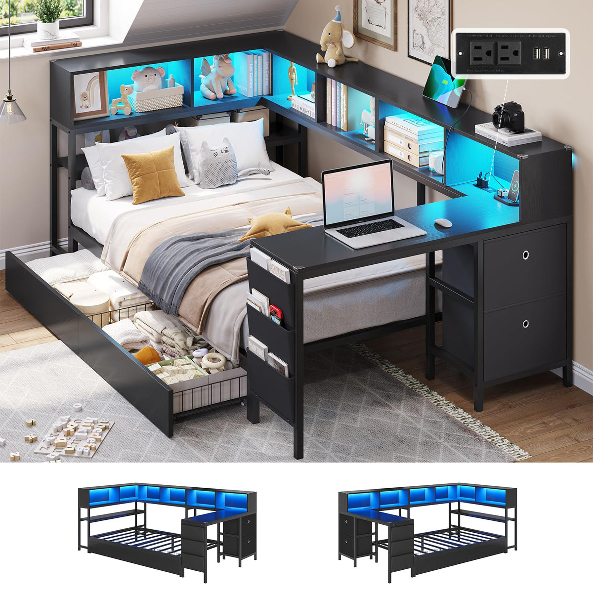 Black Twin Size Corner Bed Frame with Desk and Storage Q338505