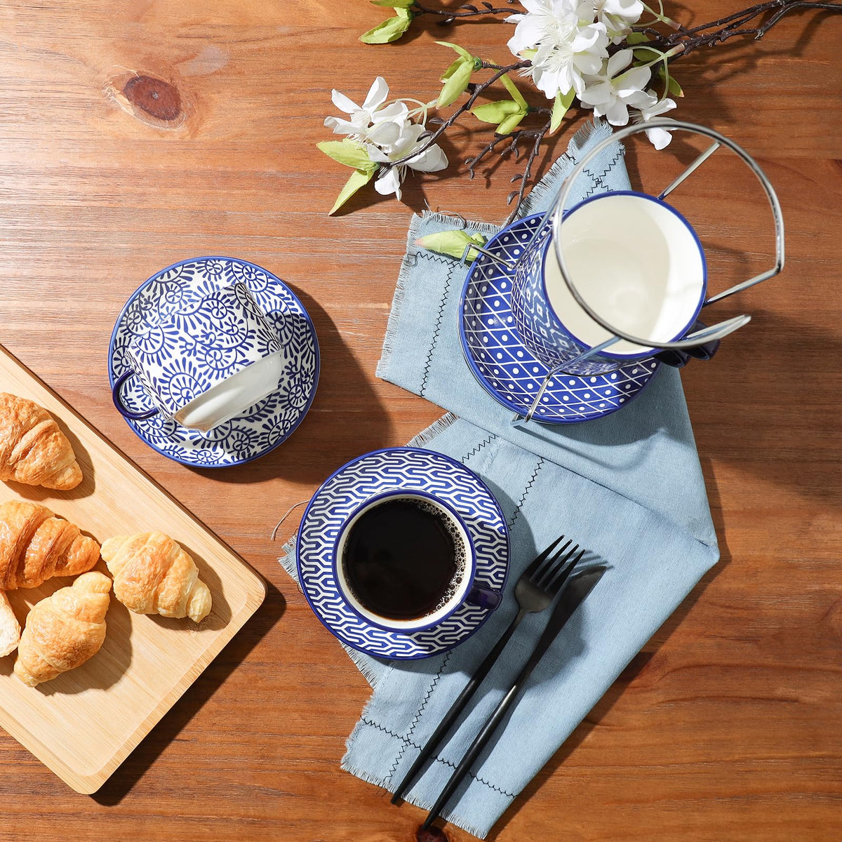 Ceramic Dinnerware Sets 12 Piece Cappuccino Cups with Saucers and Metal Stand H5312