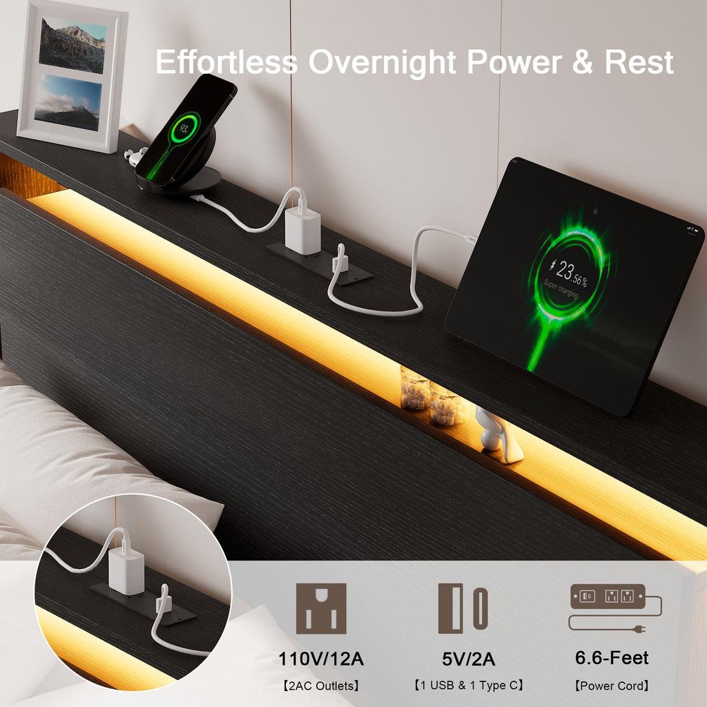 Full Size Wood Bed Frame with Storage Headboard and LED Lights T37472
