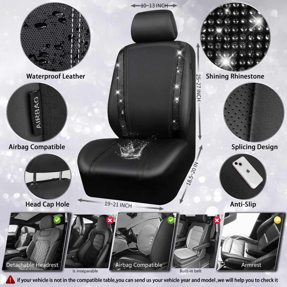 Leather Bling Diamond Car Seat Covers Full Set T8016