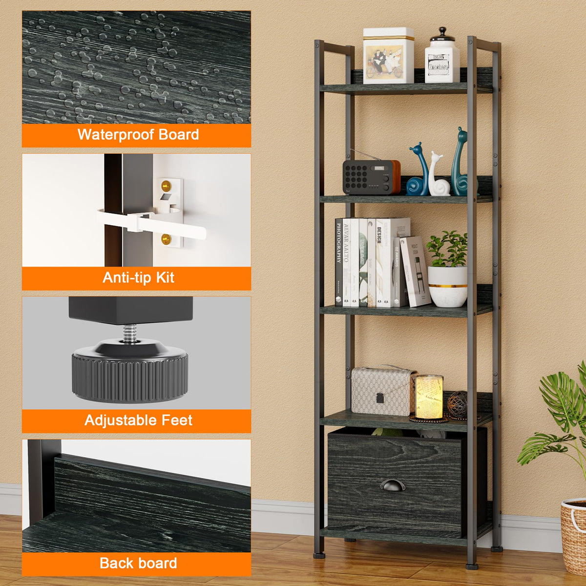 5 Tier Bookshelf with Drawer O386