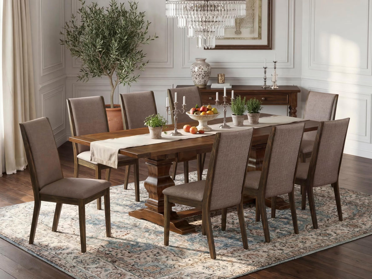 9 Piece Walnut Dining Table Set with Butterfly Leaf and 8 Dark Khaki Linen Fabric Chairs K3591