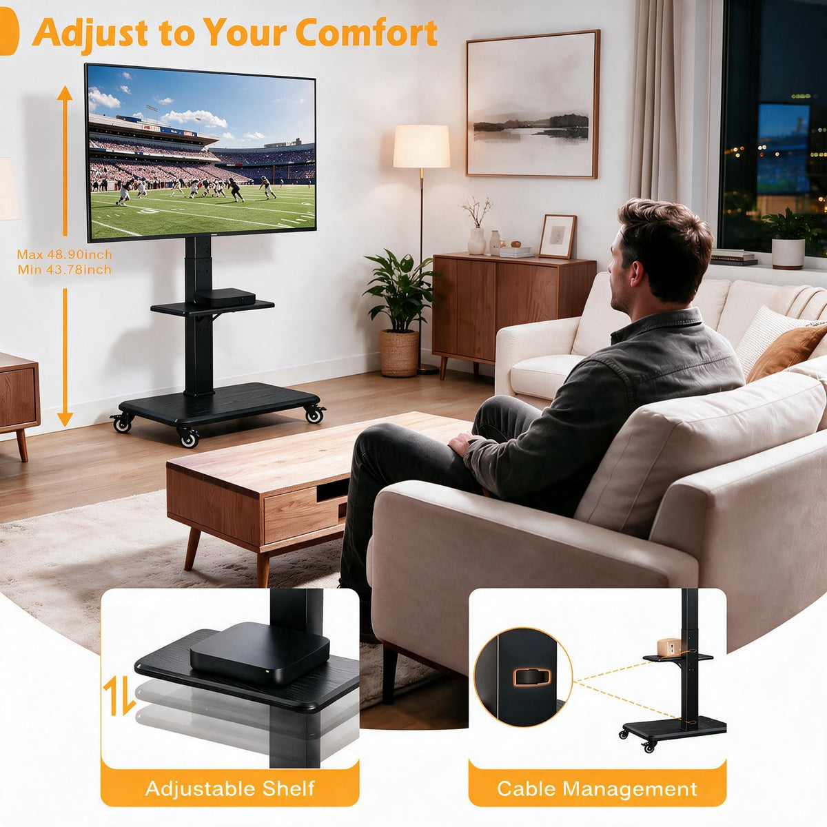 Rolling TV Stand with Wheels for 30-75 Inch TVs D8190