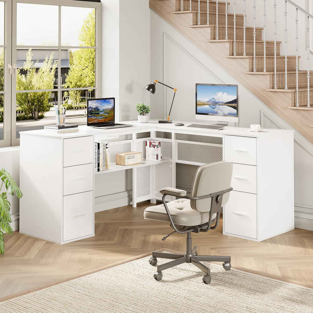 White L Shaped Desk with Drawers H392
