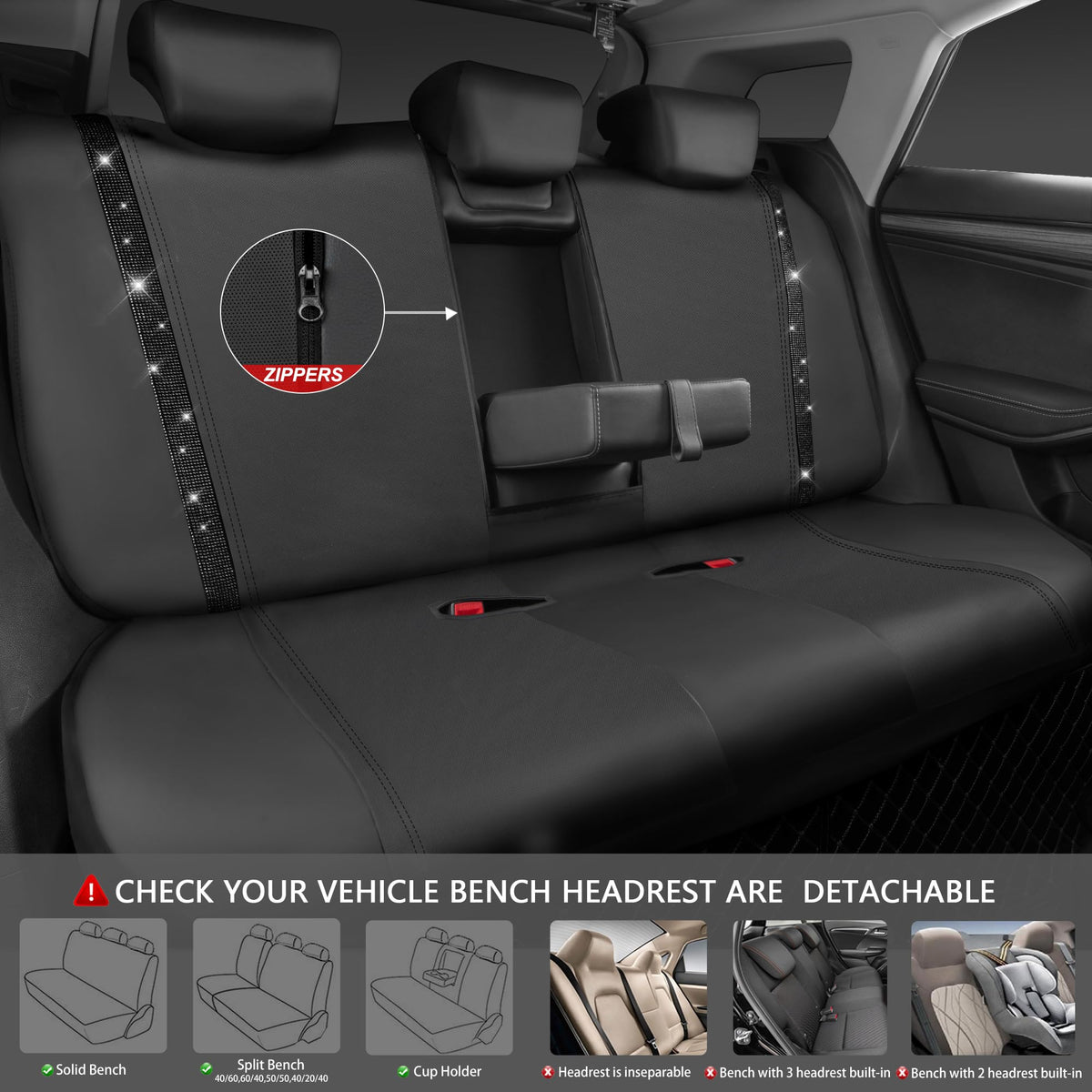 Leather Bling Diamond Car Seat Covers Full Set T8016