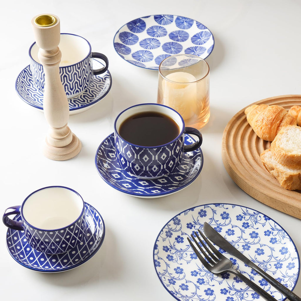 Ceramic Dinnerware Sets 12 Piece Cappuccino Cups with Saucers and Metal Stand H5312