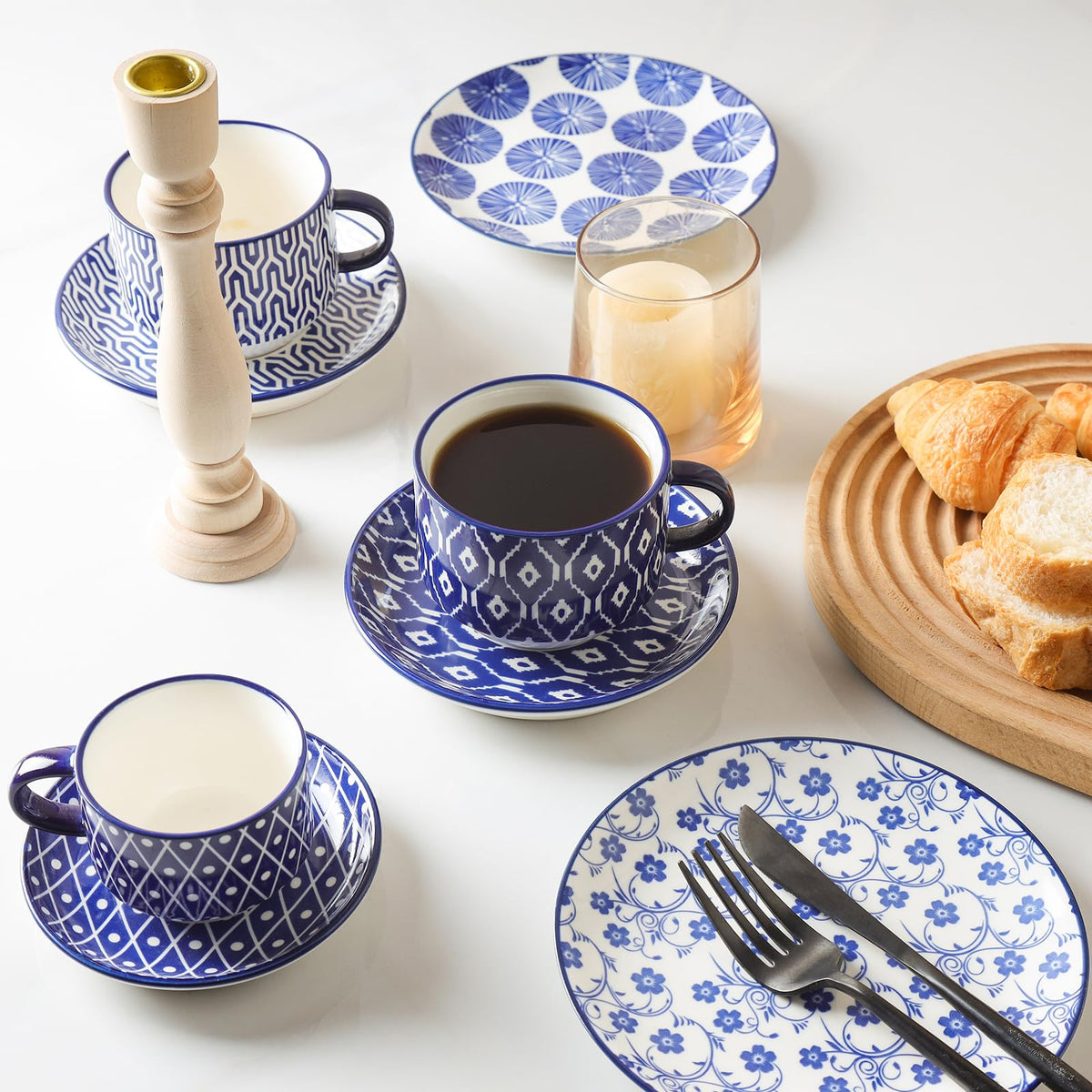Ceramic Dinnerware Sets 12 Piece Cappuccino Cups with Saucers and Metal Stand H5312