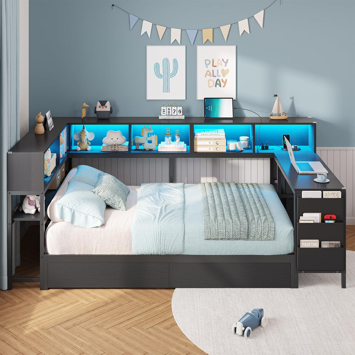 Black Twin Size Corner Bed Frame with Desk and Storage Q338505