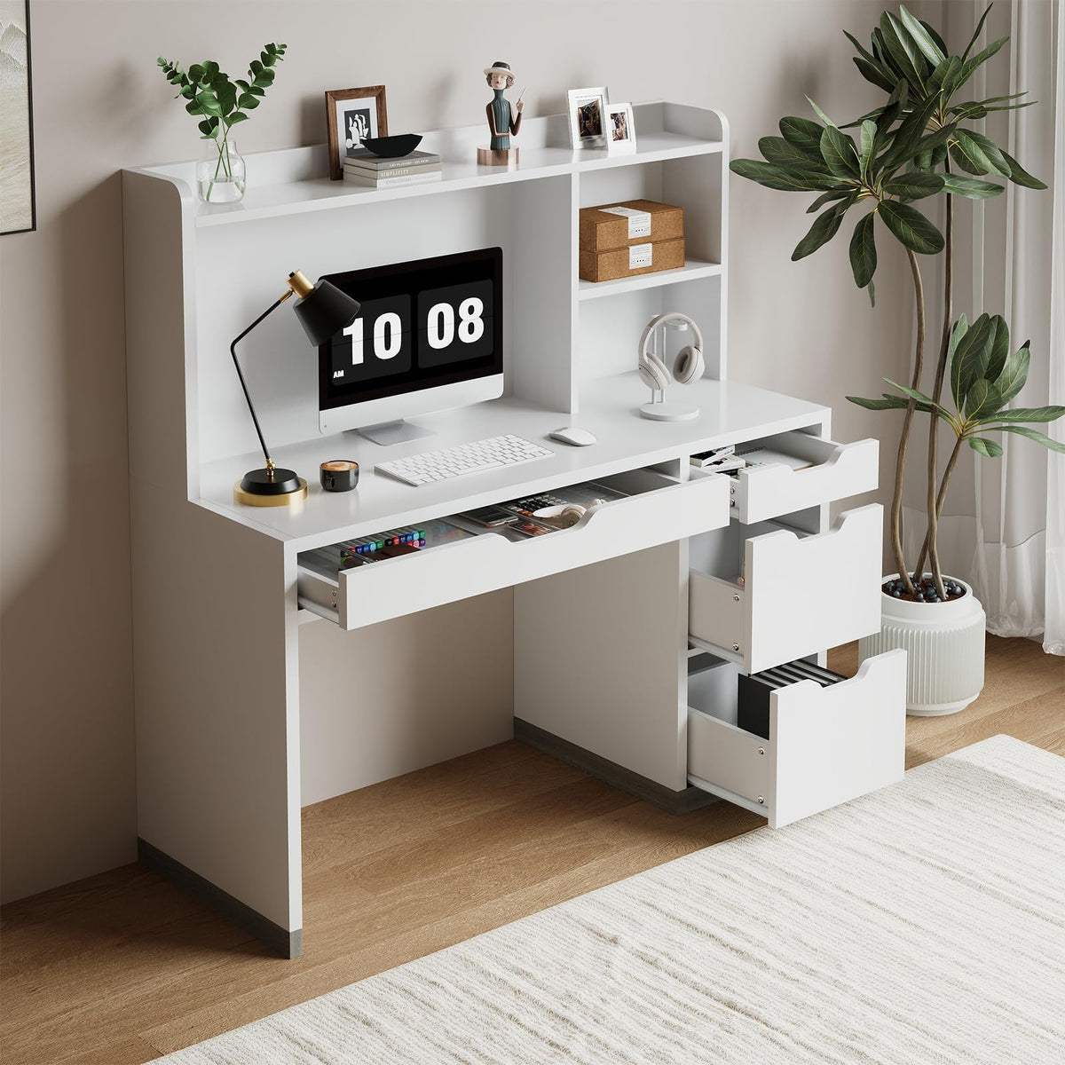 White Desk with Hutch and 4 Drawers M436972