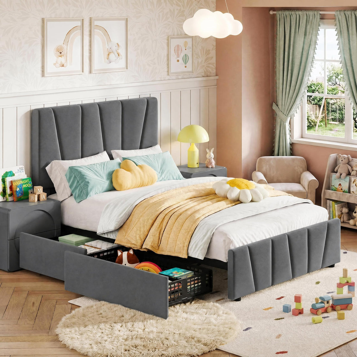 Twin Size Upholstered Bed Frame with 2 Storage Drawers A733490