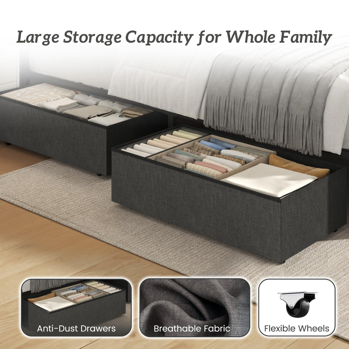 Queen Size Upholstered Bed Frame with 4 Drawers and Storage Headboard J162