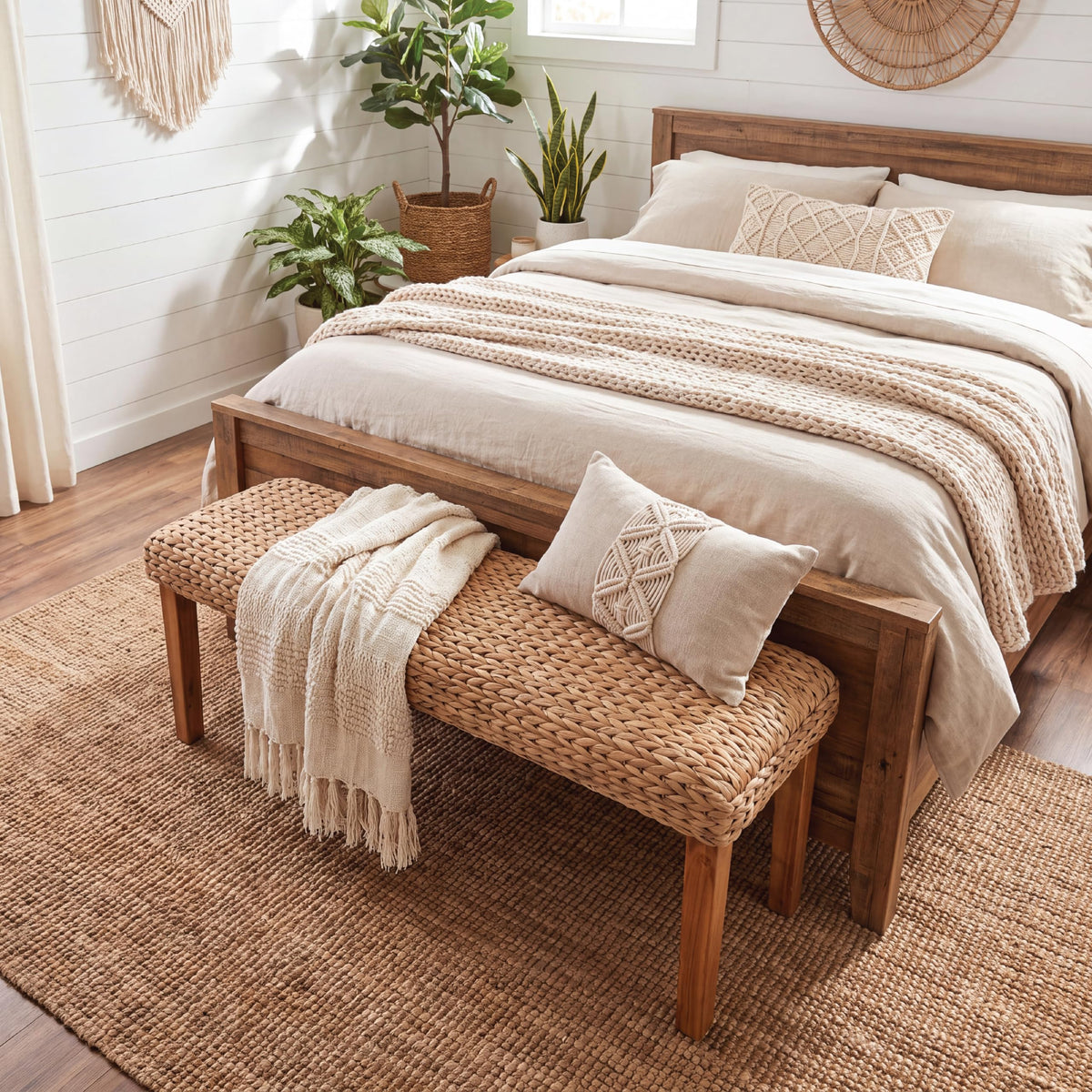 Solid Wood Acacia Indoor Bench 47 Inch Water Hyacinth Seat E36672