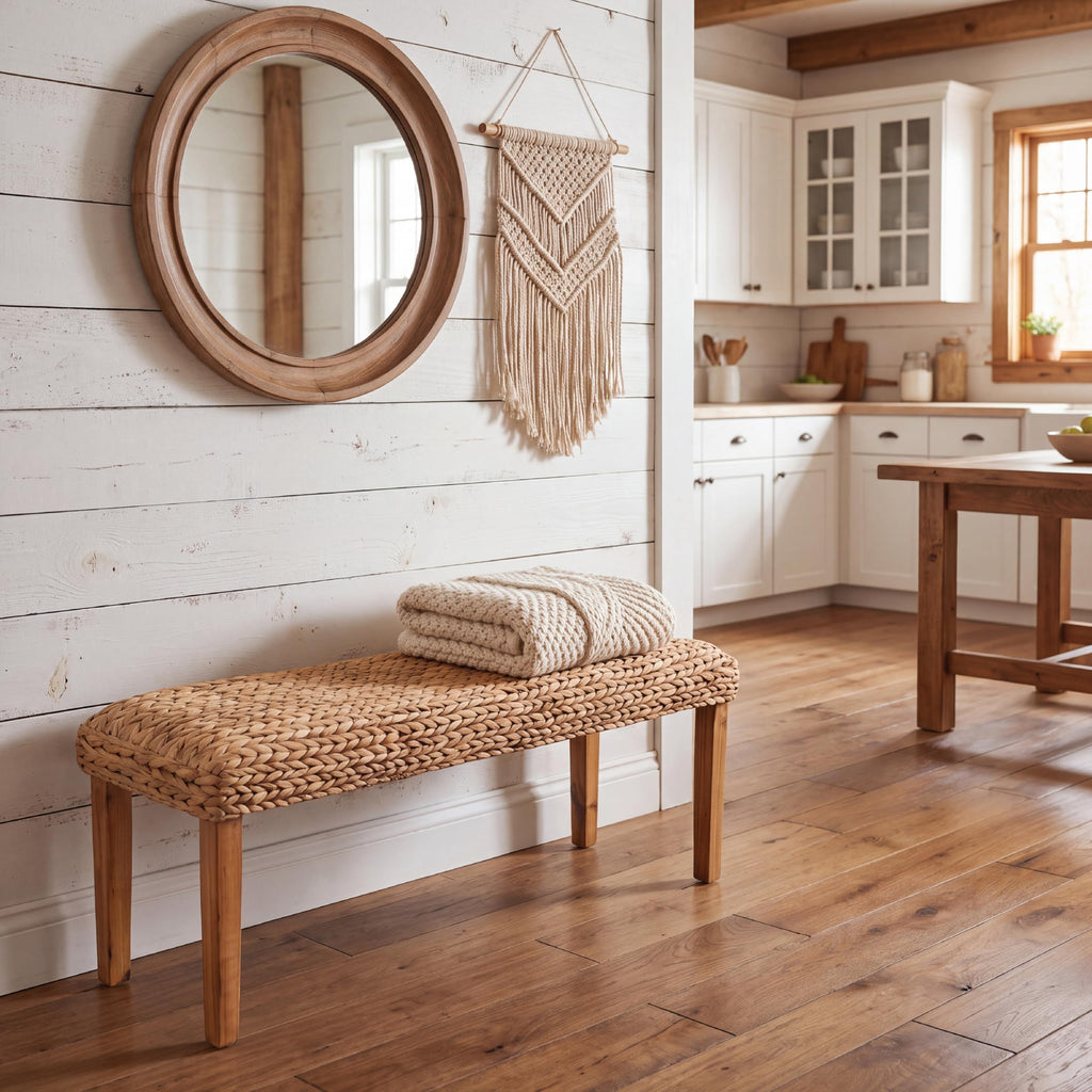 Solid Wood Acacia Indoor Bench 47 Inch Water Hyacinth Seat E36672