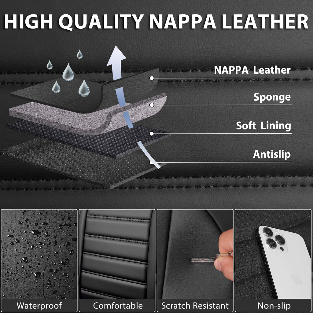 Nappa Leather Car Seat Covers Full Set, Waterproof Anti-Slip, Black C847069