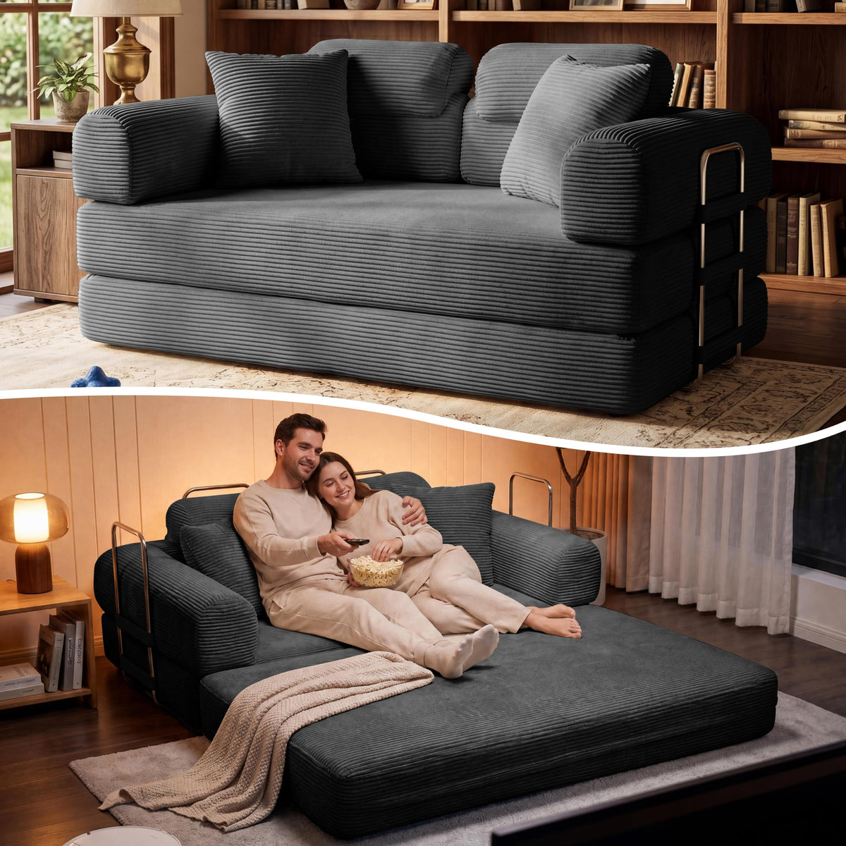 Pink Convertible Sofa Bed with 4 Pillows R998