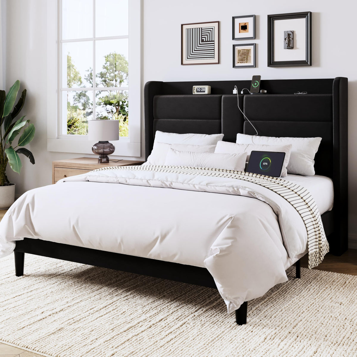 Queen Size Black Velvet Upholstered Platform Bed Frame with Storage Headboard F400