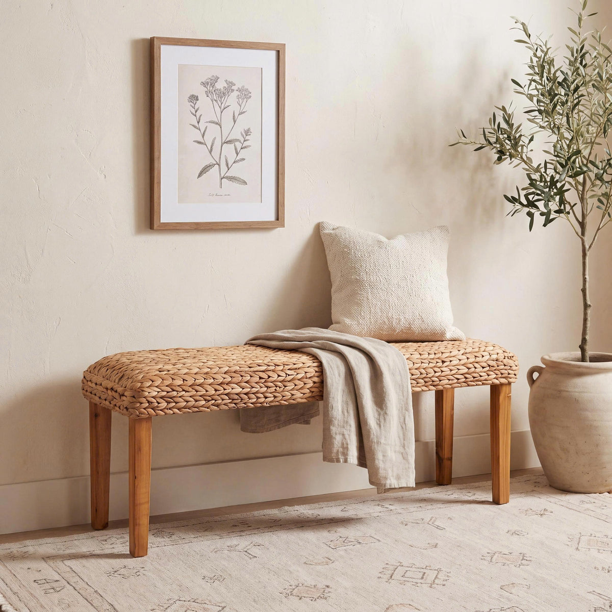 Solid Wood Acacia Indoor Bench 47 Inch Water Hyacinth Seat E36672